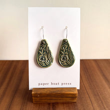 Load image into Gallery viewer, teardrop flower hanging earrings - olive
