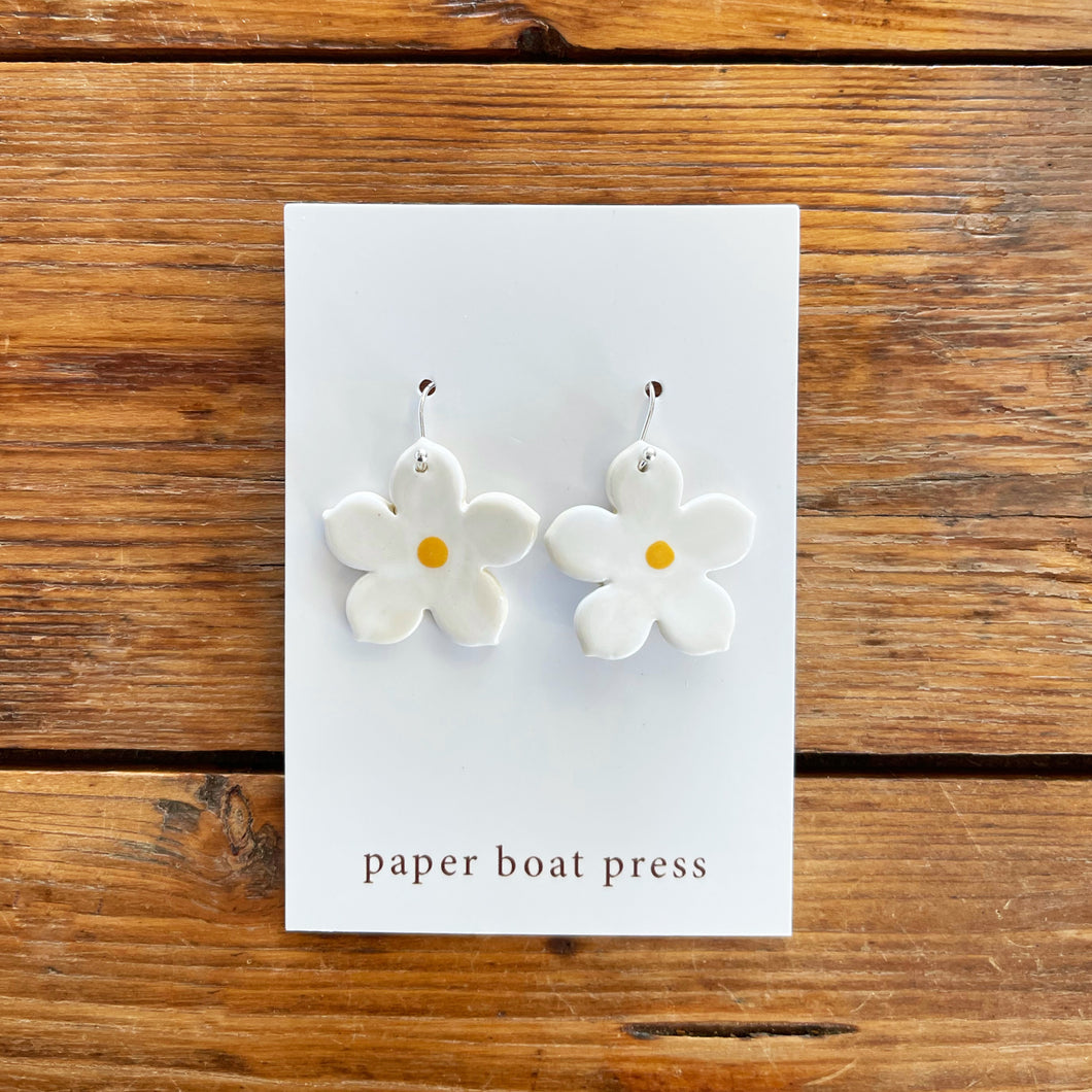 LARGE white/yellow flower hanging earrings