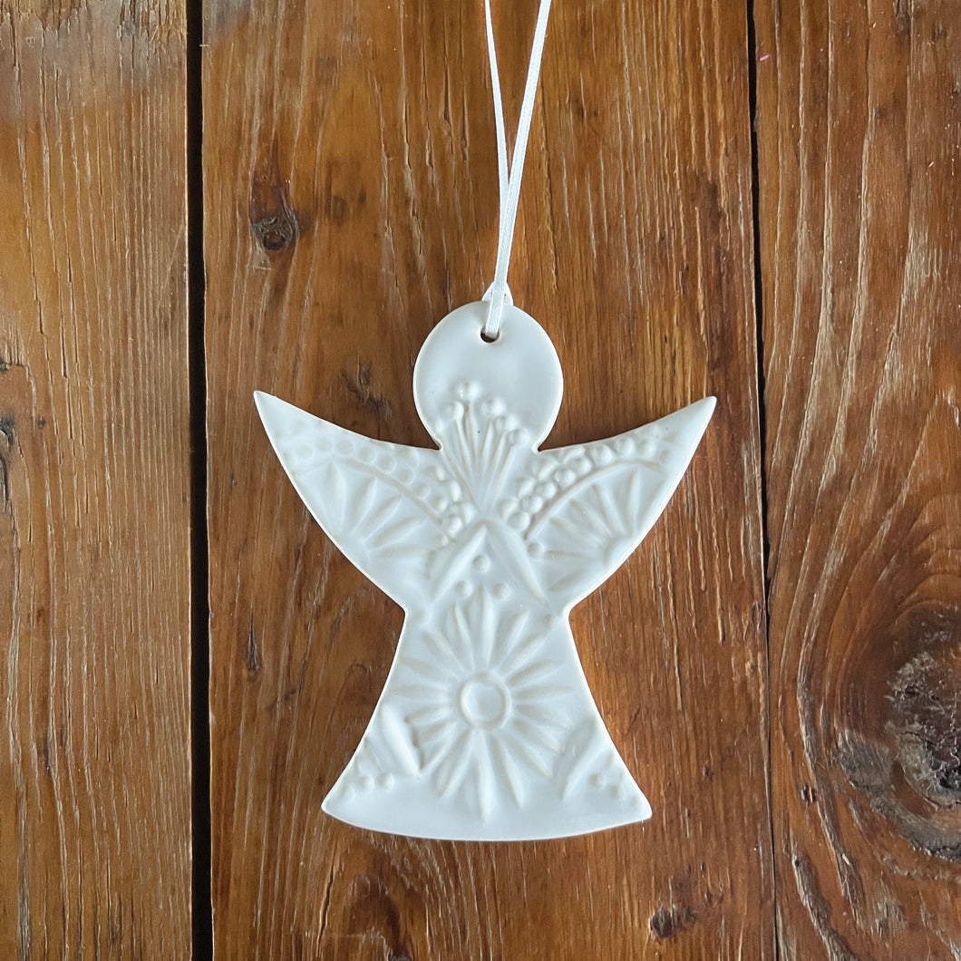 white embossed print angel christmas ornament