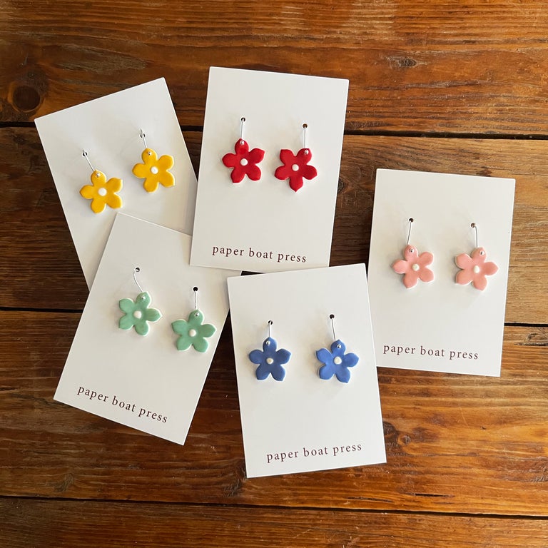 SMALL coloured flower hanging earrings